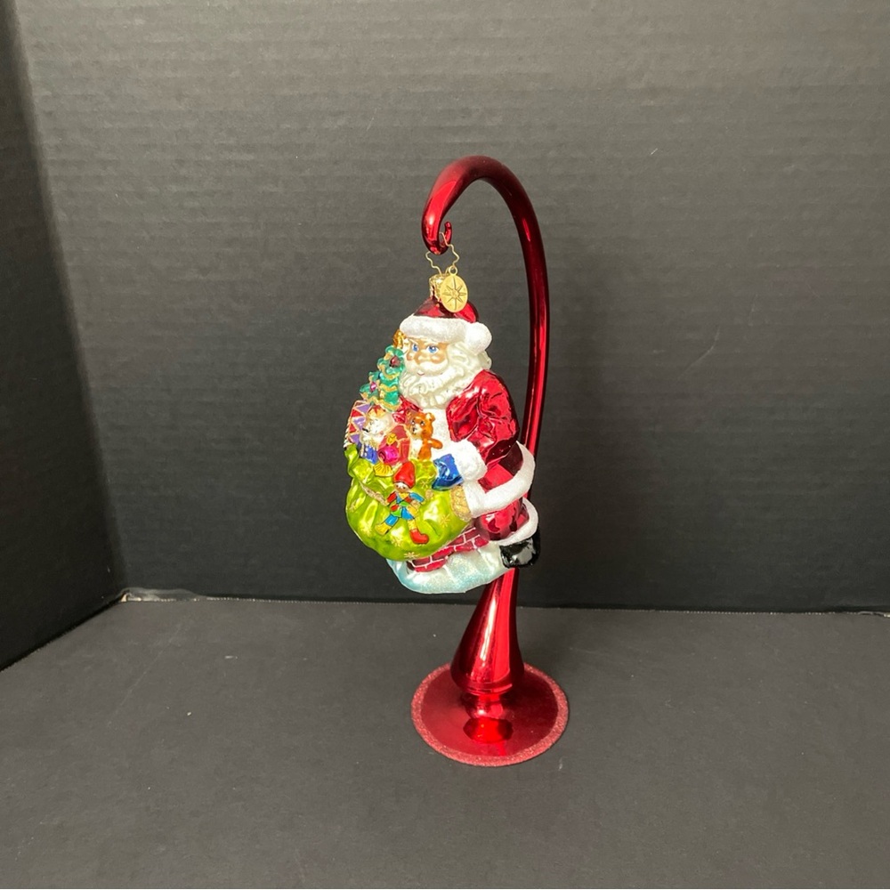 Christopher Radko Deluxe Delivery Blown Glass Santa Claus & Red Glittery Stand